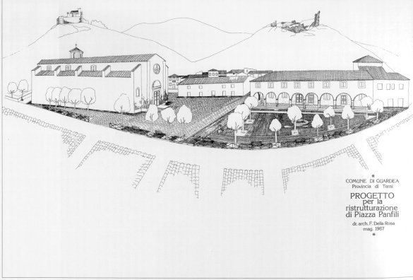 Comune di Guardea - Piazza P. Panfili. Costruzione ex novo realizzata in sostituzione di un edificio destinato a palestra, gi trasformazione del pi antico palazzo dei conti di Marsciano. Piazza disegnata e pavimentata ex novo a formare isola pedonale. Muratura mista in calcestruzzo armato e "poroton", intonaco con malta bastarda, tinteggiato con pittura a calce e terre naturali. Riquadrature in stucco, gradini e sedili, cornici, pilastri ottagonali ed archi in cotto a mano su disegno. (Costo di produzione . 1.300.000/mq.).
